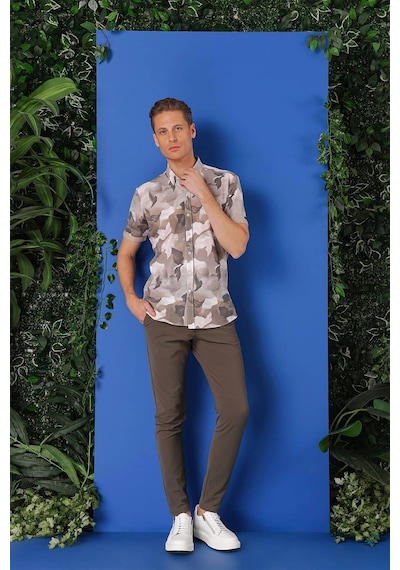 Efor Slim Fit Düğmeli Yaka Kamuflaj Desenli Kısa Kol Pamuk Bej Gömlek G 1500 Bej