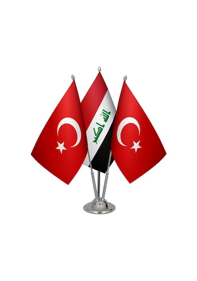 Masa Üstü Irak Bayrağı Türk Bayrağı Üçlü Krom Direk Masa Bayrak S