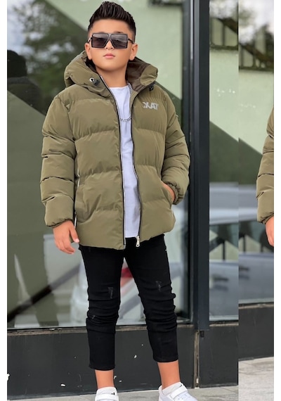 Pina Kids Erkek Çocuk Kapüşonlu Baskılı Reflöktör Detaylı Nova Kumaş Kışlık Şişme Mont Km4017 Haki