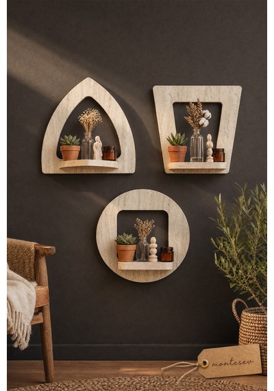 Ahşap Dekoratif Duvar Rafı 2 Li / 3 Lü Set Mtsv - 641 Mermer Desenli