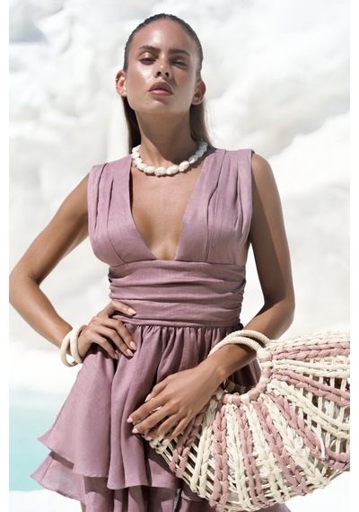 Mai Collection Mai Studios Co. Zaneta Korsaj Detaylı Açık Bordo Keten Mini Elbise Açık Bordo
