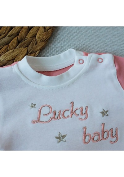 Candar Lucky Baby Nakışlı Çizgili Şapkalı Kız Bebek Tulumu 0-3 / 3-6 Ay Pudra