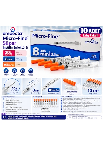 Embecta Micro-fine Süper İnsülin Enjektörü 30g 0,30 Mm X 8 Mm 0,5 Ml 10 Adet
