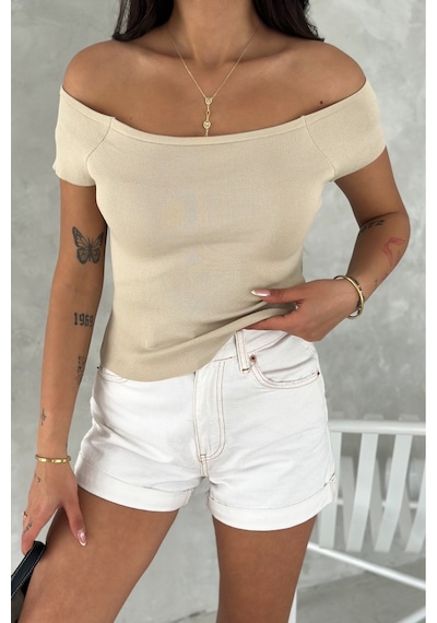 Femelle Kadın Bej Standart Beden Triko Crop Bluz