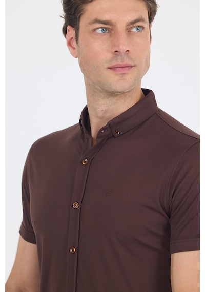 İmza Koyu Kahverengi İtalyan Düğmeli Yaka Kısa Kol Cepsiz Slim Fit Gömlek 1004250255 Koyu Kahverengi