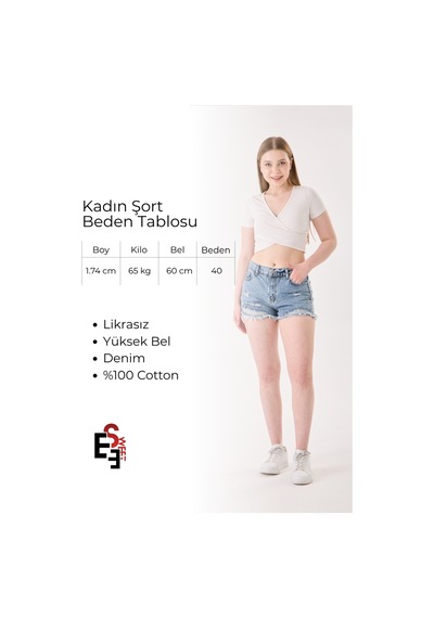 Eseclass Modern Kesim Yüksek Bel Püskül Paça Denim Şort Açık Mavi Açık Mavi