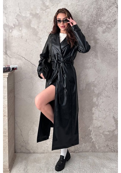 Alemdarshop Siyah Uzun Deri Trençkot