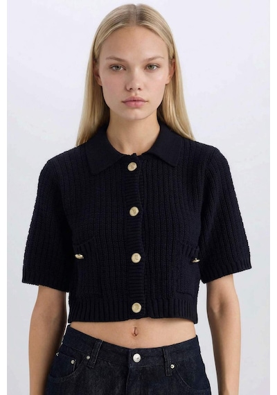 DeFacto Cropped Fit Gömlek Yaka Düğmeli Triko Kısa Kollu Hırka E1977AX24WNNV134