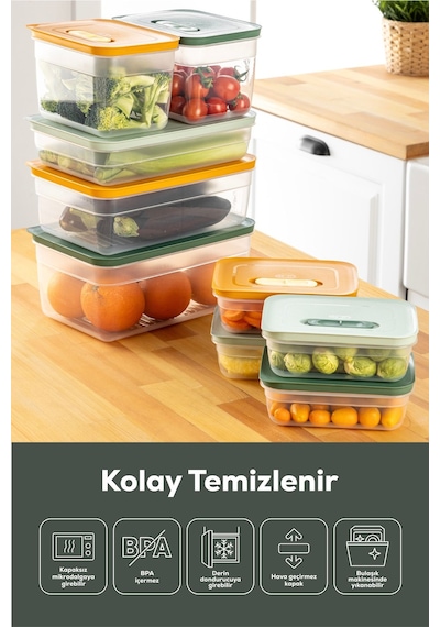 Vienev 6'lı Hava Kanallı Ayarlanabilir Sebze Ve Meyve Saklama Kabı 4x 1,15 Lt 2x 2,5 Lt Yeşil Yeşil