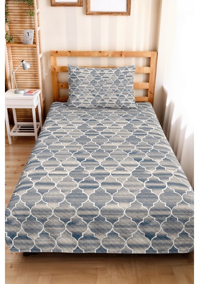 Mavi Geometrik Modern Pike Takımı - Beyaz Marakeş Stil Tek Kişilik Kapitone Yatak Örtüsü 160x220 Cm Kışlık İz Geçişi