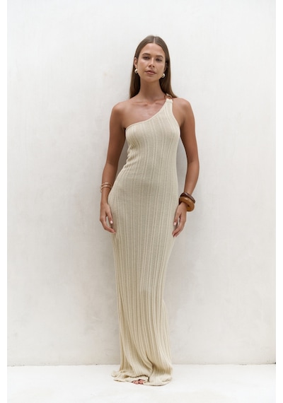 Mai Collection Mai Studios Co. Endah Halka Detaylı Asimetrik Bej Uzun Triko Elbise Bej