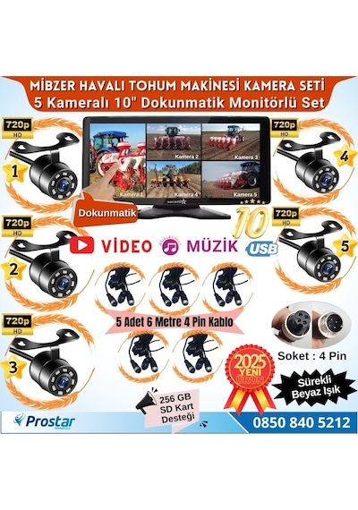 Mibzer İçin 5 Kameralı 10.36 İnç Dokunmatik Monitör Beşe Bölen Kayıtlı 256 Gb Sd Kart Destekli