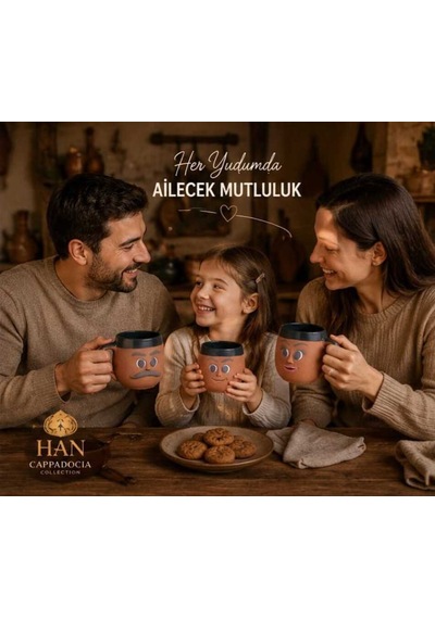 Kapadokya Çömlek Emojili Kahve Aile Kupa Seti 3lü Göl Yeşili