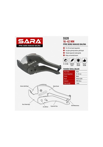 Sara S520 Balina Pprc Boru Makası 16 42 Mm Kesim Kapasitesi, Metal Gövde