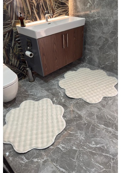 Bubble Papatya Banyo Paspası 2'li Set Pofuduk Yumuşak Peluş Kaymaz Taban Dekoratif Banyo Halısı Krem