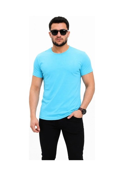 Tarz Yeri Erkek Basic Tişört Bisiklet Yaka Kısa Kol Günlük Yazlık Slim Fit T-shirt - Açık Mavi