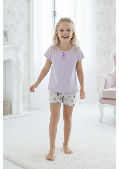 Siyah İnci Lila Desenli Pamuklu Bisiklet Yaka Örme Şortlu Pijama Takım