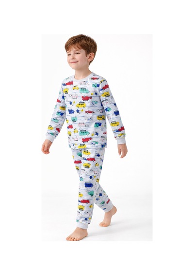 Free Beka Araba Desenli Erkek Çocuk Uzun Kollu Pamuklu Alt Üst Pijama Takımı Gri