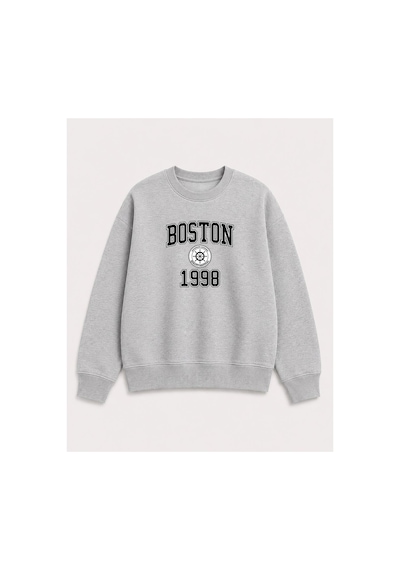 Herkesemoda Boston Baskı Detaylı Bisiklet Yaka Şardonlu 2 İplik Sweatshirt Gri
