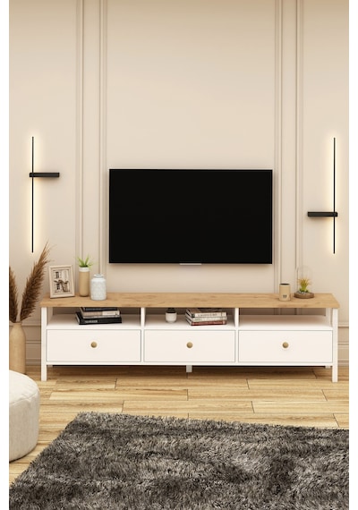 Remy Tv Ünitesi 180 Alt Modül Ahşap Kulplu Sepet - Beyaz Sepet - Beyaz