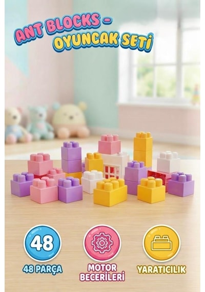 TıfılToys Vakumlu 48 Parça Pastel Renk Eğitici Yaratıcı Blok Seti Motor Geliştirici Montessori Oyuncak