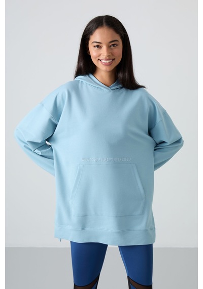 Tommy Life Açık Mavi Balon Kol Yazı Nakışlı Kadın Oversize Tunik Sweatshirt - 97163 Açık Mavi