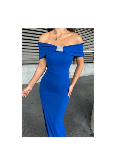 DefyModa Kadın Halter Yaka Taş Detaylı Abiye Elbise Saks