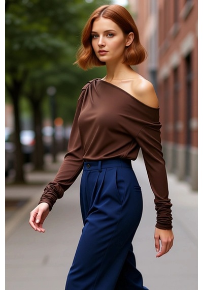 Ersefa Moda Asimetrik Yaka Örme Regular Düz Desen Resmi Regular Uzun Kol Kahverengi