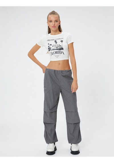 Koton Crop Tişört Bisiklet Yaka Slogan Baskılı Kısa Kollu Ekru 4wal10508ık 4WAL10508IK010 Ekru