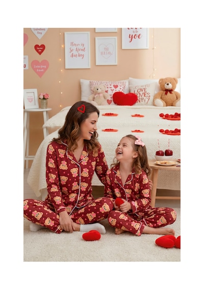 Rindahomewear Anne-kız Ayıcık Desenli Düğmeli Örme Uzun Kollu Pijama Takımı Bordo
