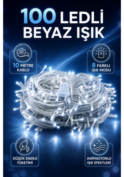100 Led Beyaz Yılbaşı Işığı 10 Metre 8 Modlu Animasyonlu Eklenebilir Dekoratif Aydınlatma Işık Seti