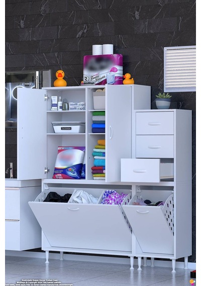 Aler 135 Cm 3 Bölme Sepetli Banyo/mutfak Dolabı - Beyaz 90+45 X160x32 Cm