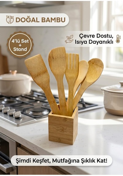 Doğal Bambu 4'lü Mutfak Servis Seti Ve Standı - Isıya Dayanıklı Ahşap Kaşık Spatula Seti