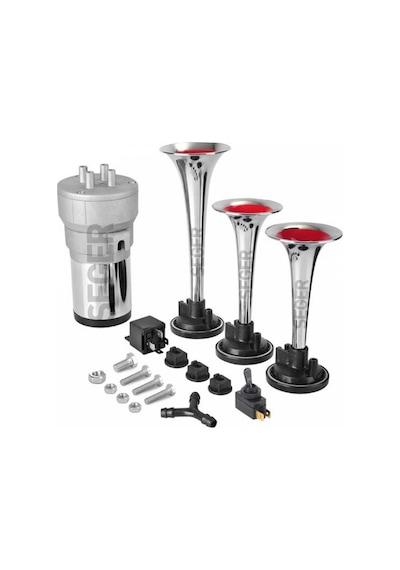 Korna - 563 - Kompresörlü Üç Plastik Borulu 12v - Ece-umay - Krom Renkli
