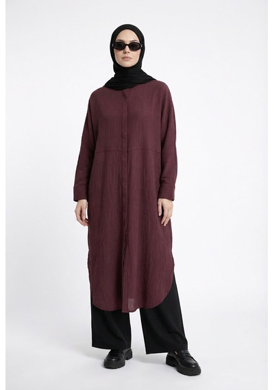 Armine Trend Doğal Kumaş Gizli Düğmeli Hakim Yaka Rahat Kesim 120 Cm Boy Tunik Vişne 26yt416