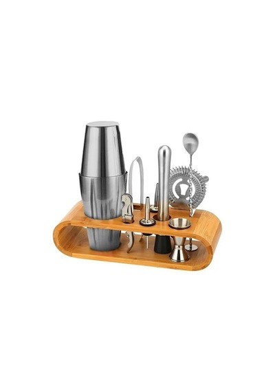10 Parça Ahşap Standlı Boston Shaker Kokteyl Seti, Metal Malzeme İle Modern Tasarım 750 Ml