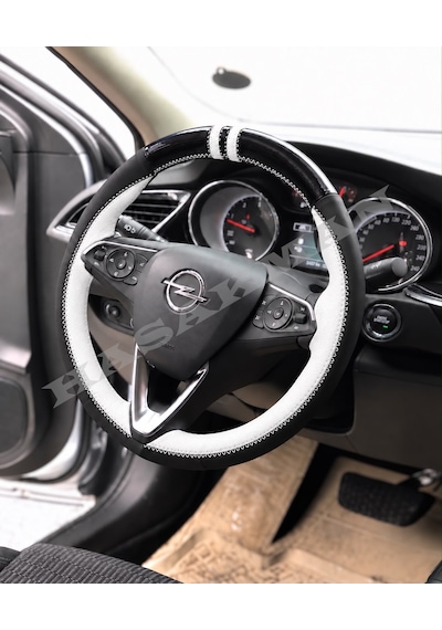 Opel Crossland Dikme Direksiyon Kılıfı Parlak Siyah Beyaz Detaylı Beyaz Çift Yüzük Ve Dikiş 2017-2024