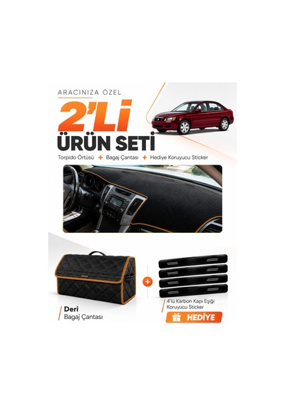 Hyundai Sonata 2007-2012 Uyumlu Torpido Örtüsü + Deri Bagaj Çantası + Sticker - Siyah Kahverengi
