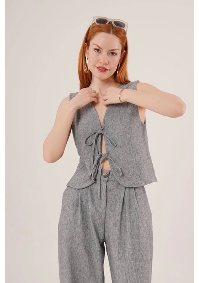 Defymoda Ön Bağlama Detaylı Yelek Ve Pantolon Antrasit İkili Takım Siyah