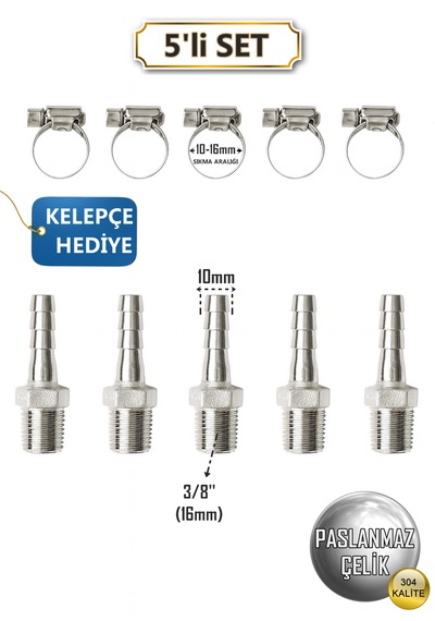 Paslanmaz Hortum Rekoru - 3/8inç Rekor + Kelepçe 5'li Set - Krom Çelik Hortum Ucu - 304 Kalite Standart