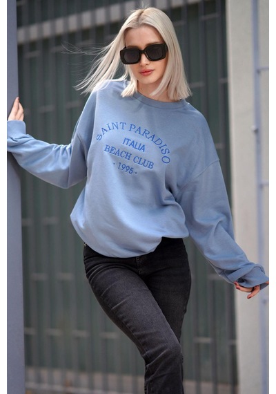 Madmext Mavi Bisiklet Yaka Baskılı Sweatshirt Mg1924 Mavi