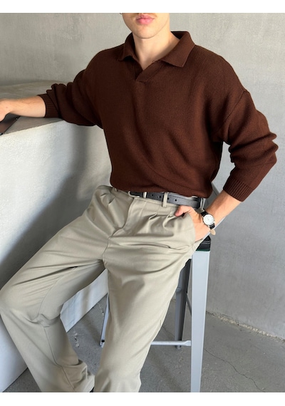 Erkek Polo Yaka Örme Oversize Kazak 001