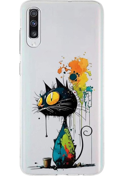 Samsung Galaxy A70s İle Uyumlu Splash Kedi Tasarımlı Şeffaf Silikon Kılıf Şeffaf