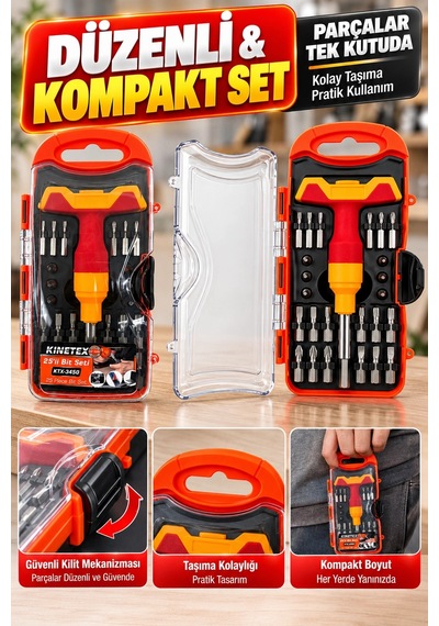 Kinetex 25 Li Bits Tornavida Seti Farklı Uçlar, Uzatma Aparatı Ve Kompakt Taşıma Kutusu