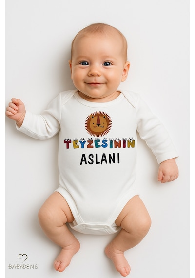 Babyden's Teyzesinin Aslanı Yazılı Bebek Zıbını %100 Pamuk Unisex Uzun Kollu Body Beyaz