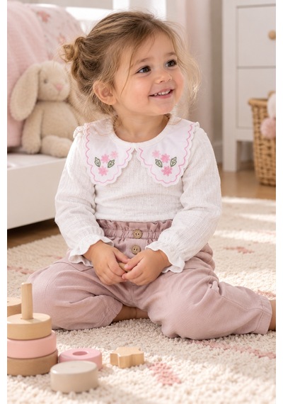 Babyhola 1-3 Yaş Kız Bebek Çocuk Çıtçıtlı Badi Pantolon Şık Alt Üst 2'li Takım Bayramlık 2327 Beyaz