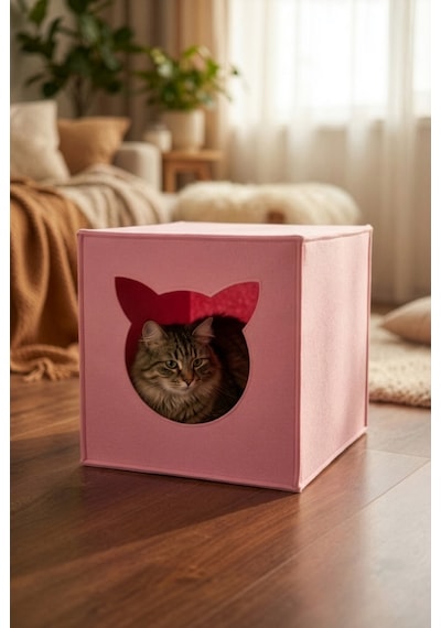 Pembe Keçe Kedi Yuvası Dekoratif Mama Kabı Altlığı Hediyeli Organizer Düzenleyici Katlanabilir
