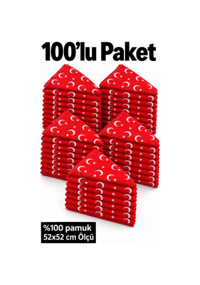 Herşeynota 100 Lü Türk Bayrağı Desenli Kırmızı %100 Pamuk Fular Bandana 52x52 Cm Okul Tören Etkinlik Çok Renkli