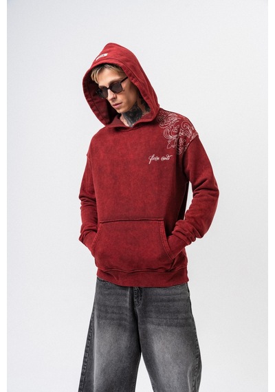 Respire Erkek Fierce Baskılı Yıkamalı Kapüşonlu Oversize Hoodie Bordo
