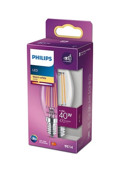 Philips LED Classic Şeffaf Filament Mum Ampul 4.3W 470 Lum 2700K Sarı Işık B35 E14 (40W)
